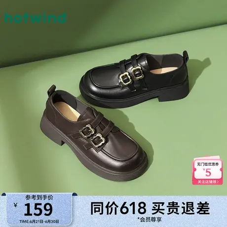 热风黑色小皮鞋女款2025年春新款英伦风复古乐福鞋粗跟女鞋子图片