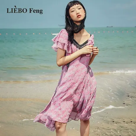 裂帛LIEBOFeng原创设计金属链条立体压褶飞飞袖多巴胺雪纺连衣裙图片