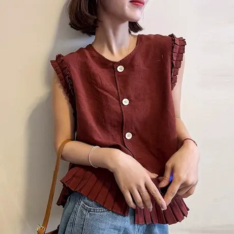 韩系甜美压褶木耳边无袖衬衣女25夏季新款设计感宽松显瘦百搭上衣图片