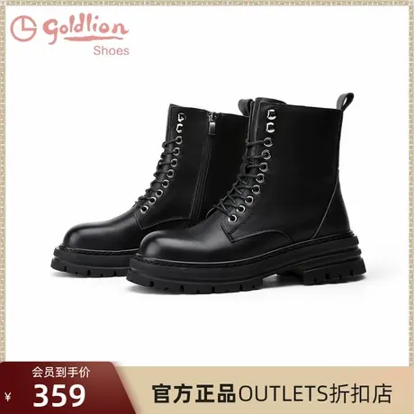 金利来女鞋时尚圆头黑色百搭中跟系带休闲短筒加绒保暖马丁靴女潮商品大图