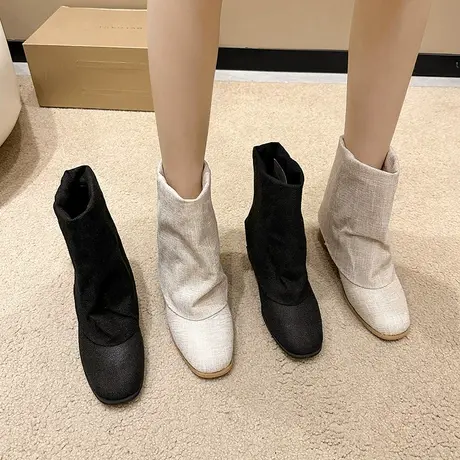 百搭复古短靴女款秋季2023年新款粗跟显腿长单靴设计感小众裤管靴图片
