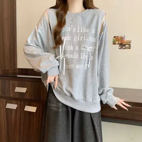 镂空设计感长袖卫衣女春秋薄款宽松韩版立体蝴蝶结圆领无帽上衣潮商品大图