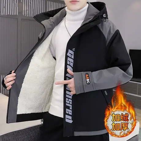 男士外套秋冬款加绒加厚连帽夹克男潮牌冲锋衣冬季工装褂子棉衣服商品大图