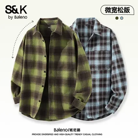 班尼路S&K系列绿色格子衬衫男款秋季美式复古衬衣外套宽松长袖潮图片