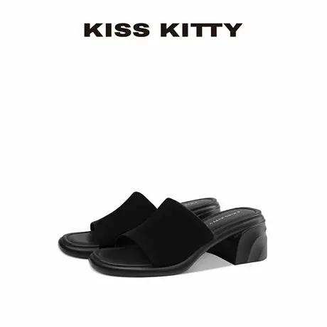 KISSKITTY2025秋季新款黑色粗跟羊反绒休闲拖鞋增高外穿凉拖鞋女商品大图