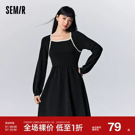 森马连衣裙女撞色方领针织裙法式优雅冬季修身打底裙气质新款2023商品大图