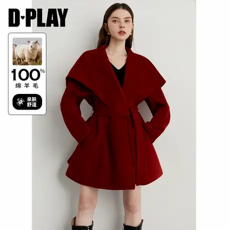 DPLAY【黑标】2025冬季新款红色100羊毛大衣新年中长款毛呢外套女商品大图