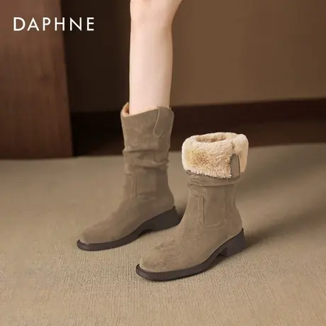 达芙妮加绒瘦瘦中筒靴堆堆短靴2026新款秋冬季保暖女款绒面女靴子图片