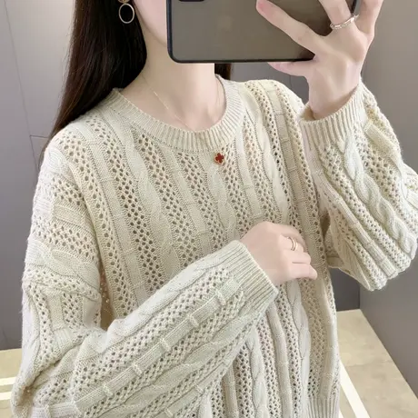 小个子女士镂空纯色毛衣女宽松外穿秋冬2023年新款针织打底衫洋气商品大图