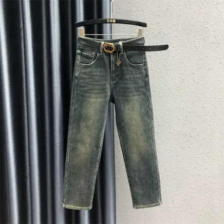 欧货复古加绒高腰直筒裤女2023冬季新款小个子时尚百搭牛仔烟管裤图片