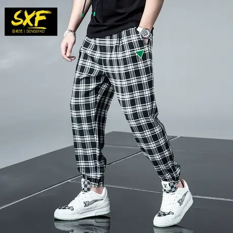 SXF圣希梵男士休闲裤 新款春夏薄款黑白格长裤束脚裤子潮哈伦裤男商品大图
