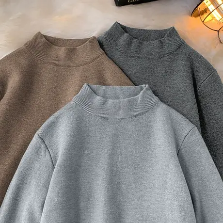 一体绒毛衣男2023新款秋冬半高领打底衫加绒加厚中领针织衫毛线衣商品大图