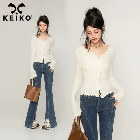 KEIKO 洋气木耳边v领针织衫2023秋冬内搭修身显瘦喇叭袖打底毛衣图片