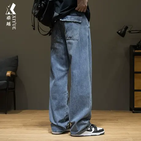 希越纯棉美式直筒牛仔裤男宽松大码秋冬季做旧复古拖地百搭长裤子图片