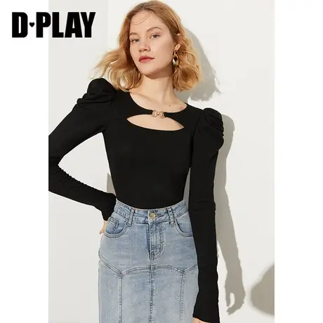 DPLAY2022年春新ins甜酷风复古羊腿袖时尚镂空黑色T恤打底衫图片