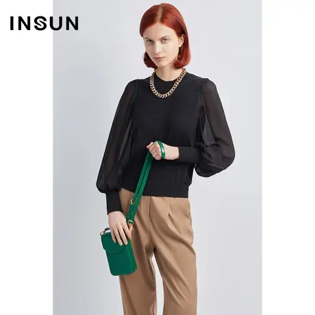 恩裳商场同款秋时尚拼接桑蚕丝灯笼袖设计舒适羊毛针织衫图片