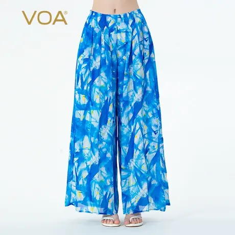 VOA桑蚕丝印花乔其星空蓝自然腰立体装饰斜插口袋时尚休闲阔腿裤图片