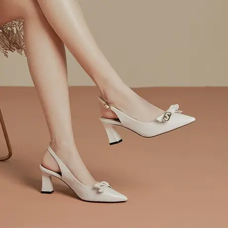 后空凉鞋女粗跟高跟鞋气质尖头韩版夏款女鞋全真皮透气百搭不闷脚商品大图