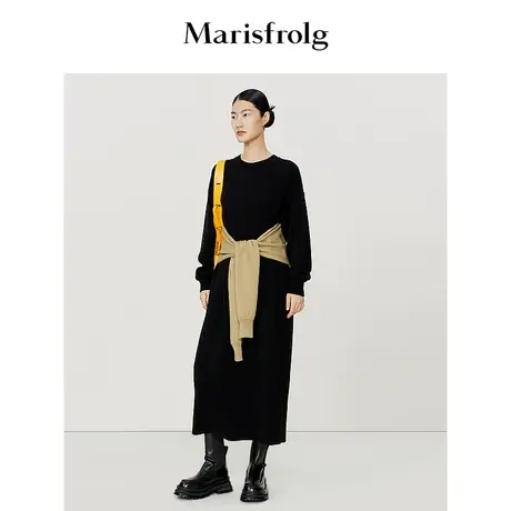 【商场同款】玛丝菲尔冬季新款假两件式黑色圆领羊毛针织连衣裙商品大图