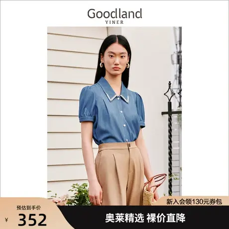 【牛仔系列】音儿美地女装2023夏季新款手工钉珠衬衫短袖翻领上衣商品大图