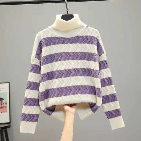 22132条纹女针织衫毛衣女新款韩版宽松厚款打底衫上衣长袖内搭商品大图