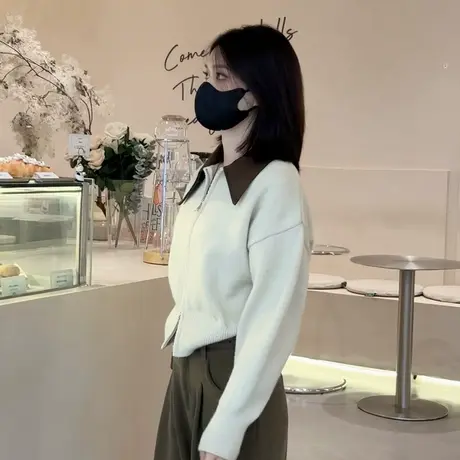 衬衣领毛衣女秋冬2023新款慵懒风宽松百搭针织双拉链拼接长袖上衣商品大图