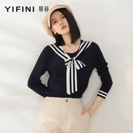 Yifini/易菲合体条纹衫显瘦水手领针织衫女春秋季新款套头衫薄商品大图