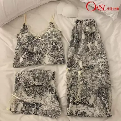 ins高级感水墨画夏季吊带睡衣女V领蕾丝带胸垫棉纱三件套商品大图