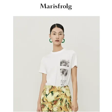 【科技花香面料】玛丝菲尔夏季新款向日葵白色T恤女商品大图