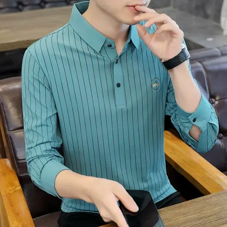 男士t恤polo衫长袖上衣翻领宽松休闲条纹冰丝体恤秋季青年爸爸装商品大图