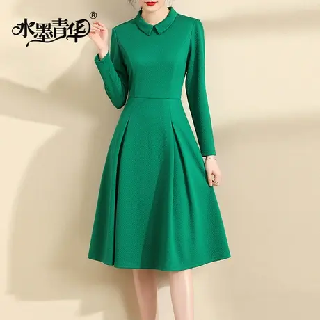 水墨青华连身裙冬装新款百搭打底裙时尚修身针织提花连衣裙商品大图