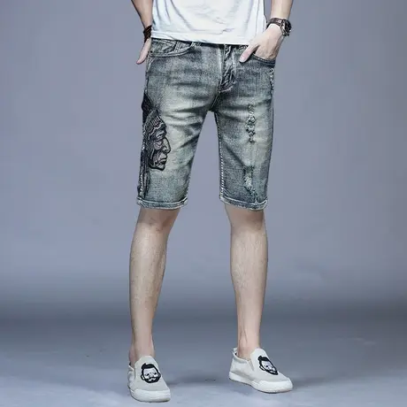 男士破洞刺绣牛仔短裤男秋冬男款2023新款休闲裤子男中裤宽松直筒商品大图