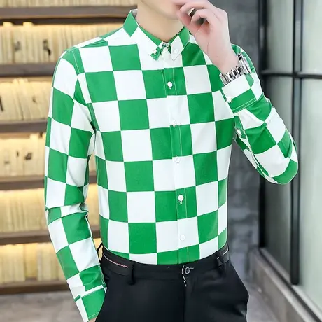 高级感棋盘格子衬衫男士长袖春秋季潮牌帅气撞色时尚韩版修身衬衣图片