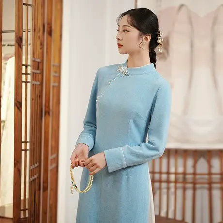 素飞归来秋季新款改良旗袍高端年轻款丝绒长袖奥黛裙中式禅意茶服图片