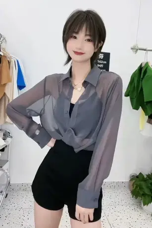 防晒衫女长袖薄款2023夏季新款时尚百搭雪纺衬衫透视性感防晒上衣商品大图