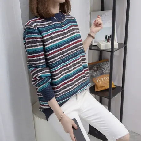 半高领毛衣女套头2023秋冬新款宽松条纹针织衫内搭上衣加厚打底衫图片