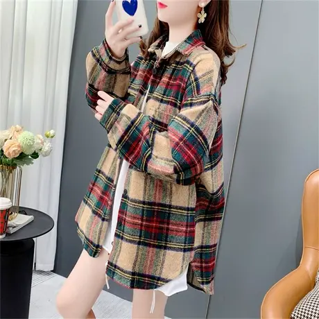 加厚复古磨毛格子衬衫女秋季2022年新款宽松中长款百搭衬衣外套潮商品大图