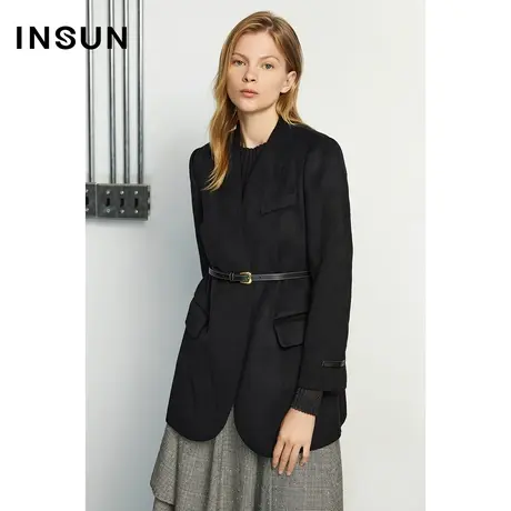 INSUN恩裳冬季无领西装短款毛呢外套图片
