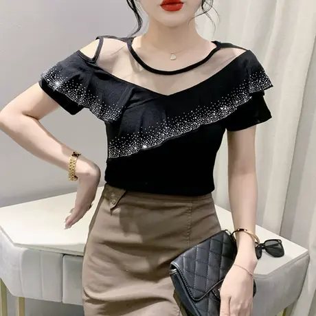 性感镂空露肩T恤女短袖2024夏装新款网纱荷叶边上衣重工烫钻小衫商品大图