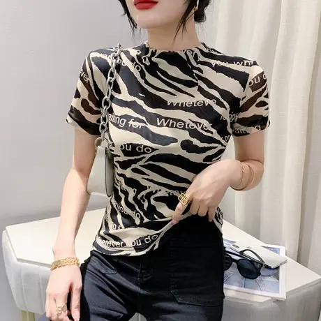 欧货时尚印花雪纺衫女短袖夏2024新款气质网纱上衣修身半高领小衫商品大图