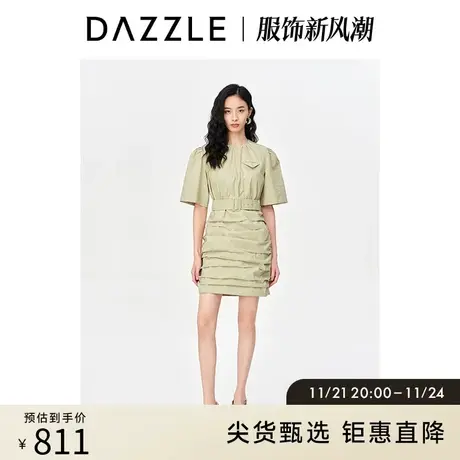 DAZZLE地素奥莱 春季简约气质工装风褶裥设计短袖连衣裙女图片