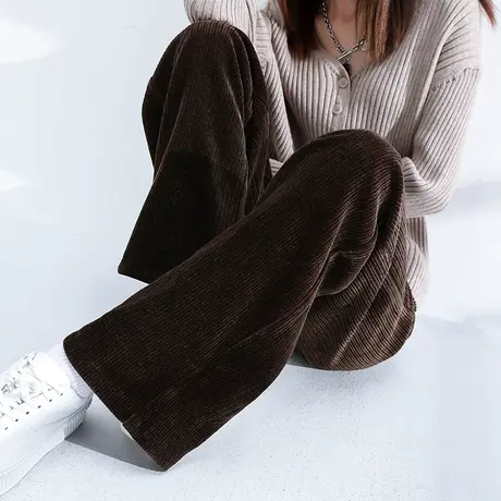 咖啡色灯芯绒阔腿裤女秋冬雪尼尔加厚高腰垂感休闲宽松直筒长裤子商品大图