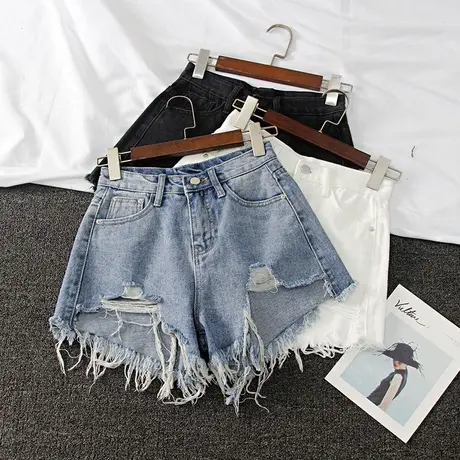 佳妲己破洞牛仔短裤女2022新款高腰显瘦ins超火流苏阔腿a字短裤潮图片