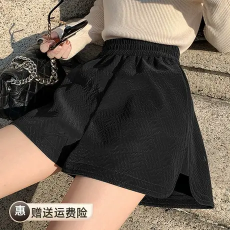 秋冬外穿宽松休闲显瘦松紧高腰阔腿靴裤子提花设计感a字皮短裤女图片