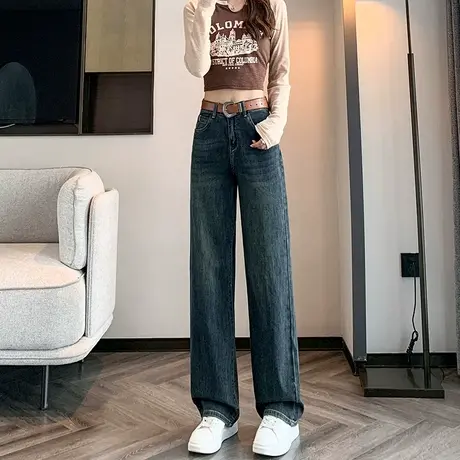 复古窄版阔腿高腰牛仔裤女2023新款春秋季宽松显瘦直筒垂感拖地裤商品大图