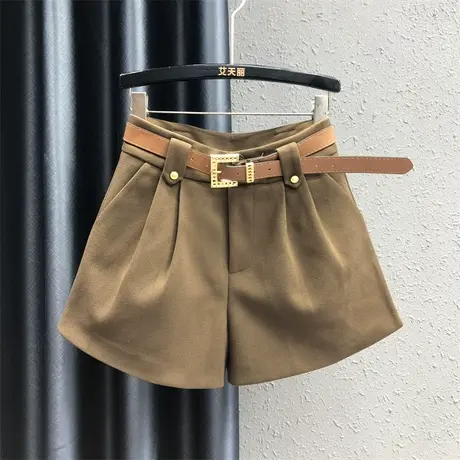 欧货韩系风毛呢休闲裤女23秋冬新款卡其色设计感时尚百搭阔腿短裤图片