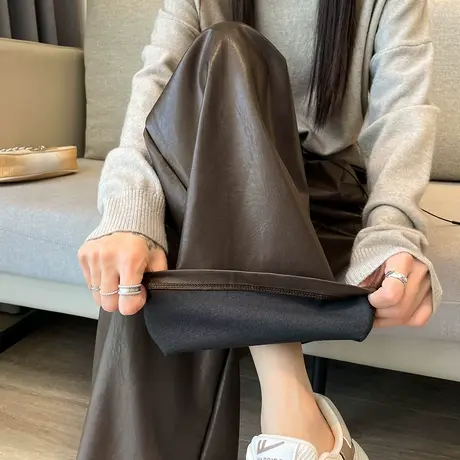 松紧高腰显瘦阔腿裤女秋冬新款时尚百搭PU皮长裤子休闲直筒拖地裤商品大图