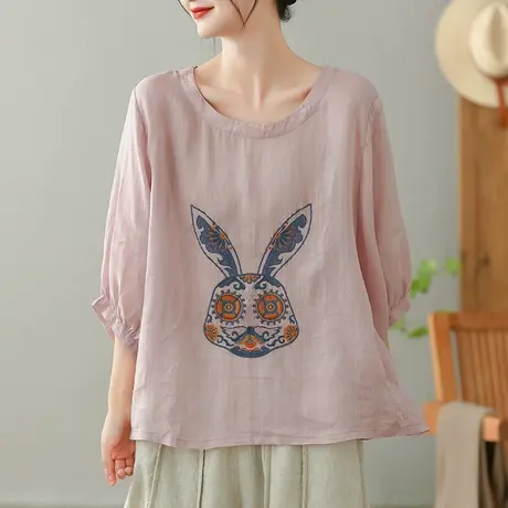dza苎麻卡通刺绣T恤女2023夏季薄款圆领打底体恤宽松棉麻套头上衣商品大图