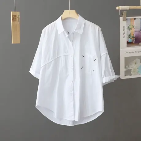 2024新款夏季韩版简约休闲白色衬衫女短袖纯棉宽松白衬衣百搭上衣图片