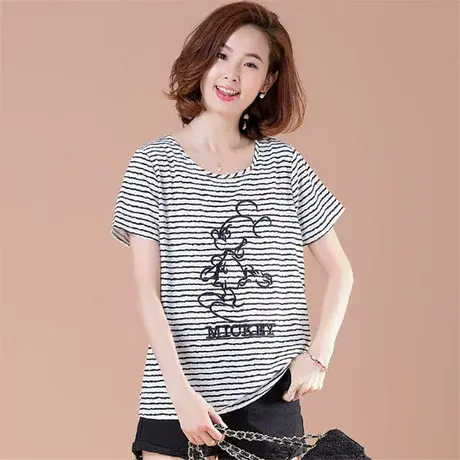 凯诗帕夏季加肥加大码女装宽松条纹雪纺衫圆领显瘦绣花T恤女上衣图片